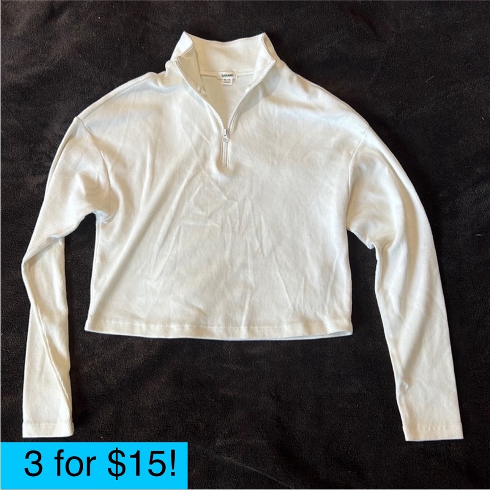 Garage White Cropped Quarter Zip Ribbed Long Sleeve Shirt XS